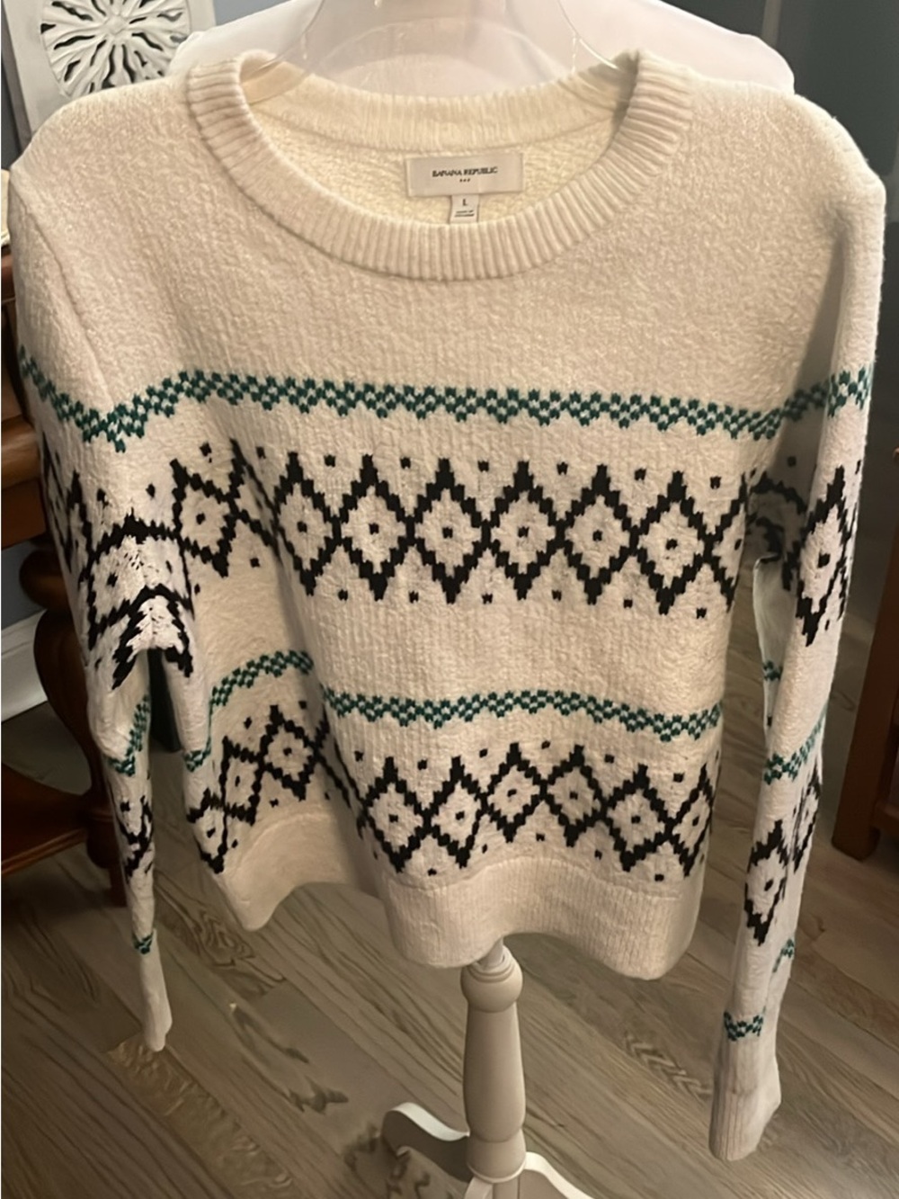 Banana Republic Cream Crewneck Sweater with Black and Teal Fair Isle Pattern